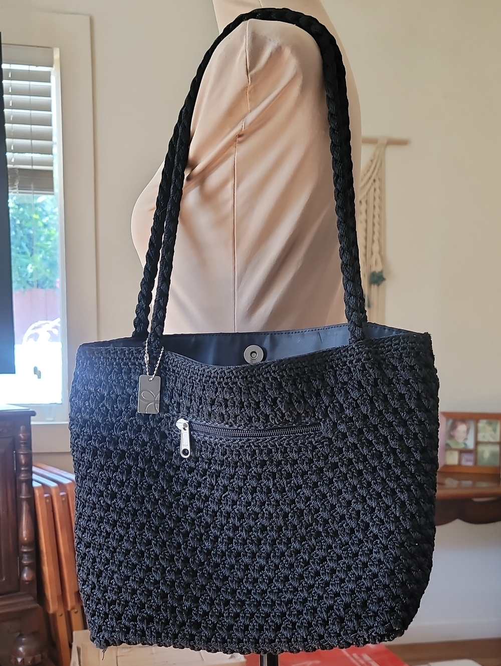 Black Crochet Shoulder Tote Bag By LINA- Women